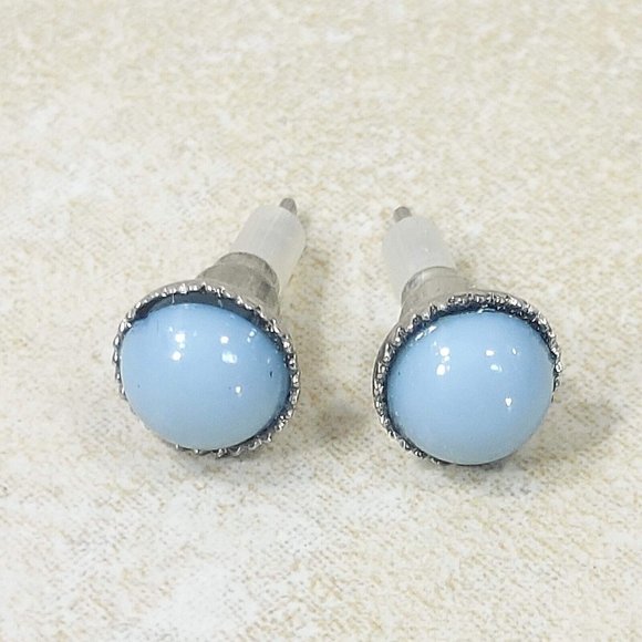 Silver Round Stud Earrings Blue Stone Vintage Jewelry Jewel Trinket Gift for Her - Picture 9 of 11